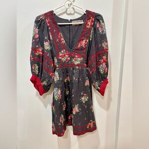 Free People NWT Charcoal Floral Dress with Red Embroidery‎ women’s XS